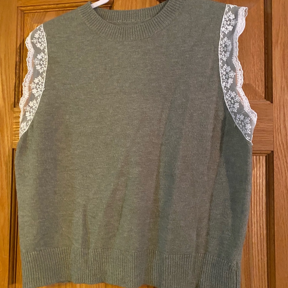 Sleeveless Knit Top with Lace Trim - Olive Green
